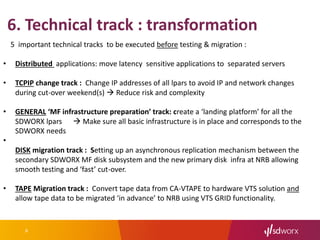 9
6. Technical track : transformation
5 important technical tracks to be executed before testing & migration :
• Distributed applications: move latency sensitive applications to separated servers
• TCPIP change track : Change IP addresses of all lpars to avoid IP and network changes
during cut-over weekend(s)  Reduce risk and complexity
• GENERAL ‘MF infrastructure preparation’ track: create a ‘landing platform’ for all the
SDWORX lpars  Make sure all basic infrastructure is in place and corresponds to the
SDWORX needs
•
DISK migration track : Setting up an asynchronous replication mechanism between the
secondary SDWORX MF disk subsystem and the new primary disk infra at NRB allowing
smooth testing and ‘fast’ cut-over.
• TAPE Migration track : Convert tape data from CA-VTAPE to hardware VTS solution and
allow tape data to be migrated ‘in advance’ to NRB using VTS GRID functionality.
 