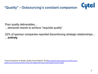 “Quality” – Outsourcing’s constant companion
Poor quality deliverables…
…demands rework to achieve “requisite quality”
22% of sponsor companies reported discontinuing strategic relationships…
…entirely
9
1 Avoca Consortium of Quality, Quality Summit Report, 2012http://www2.theavocagroup.com/the-avoca-
quality-consortium/consortium-news-and-updates/the-avoca-2012-quality-summit-report
 