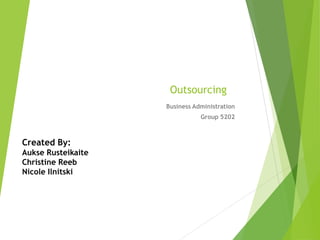 Outsourcing
Business Administration
Group 5202
Created By:
Aukse Rusteikaite
Christine Reeb
Nicole Ilnitski
 