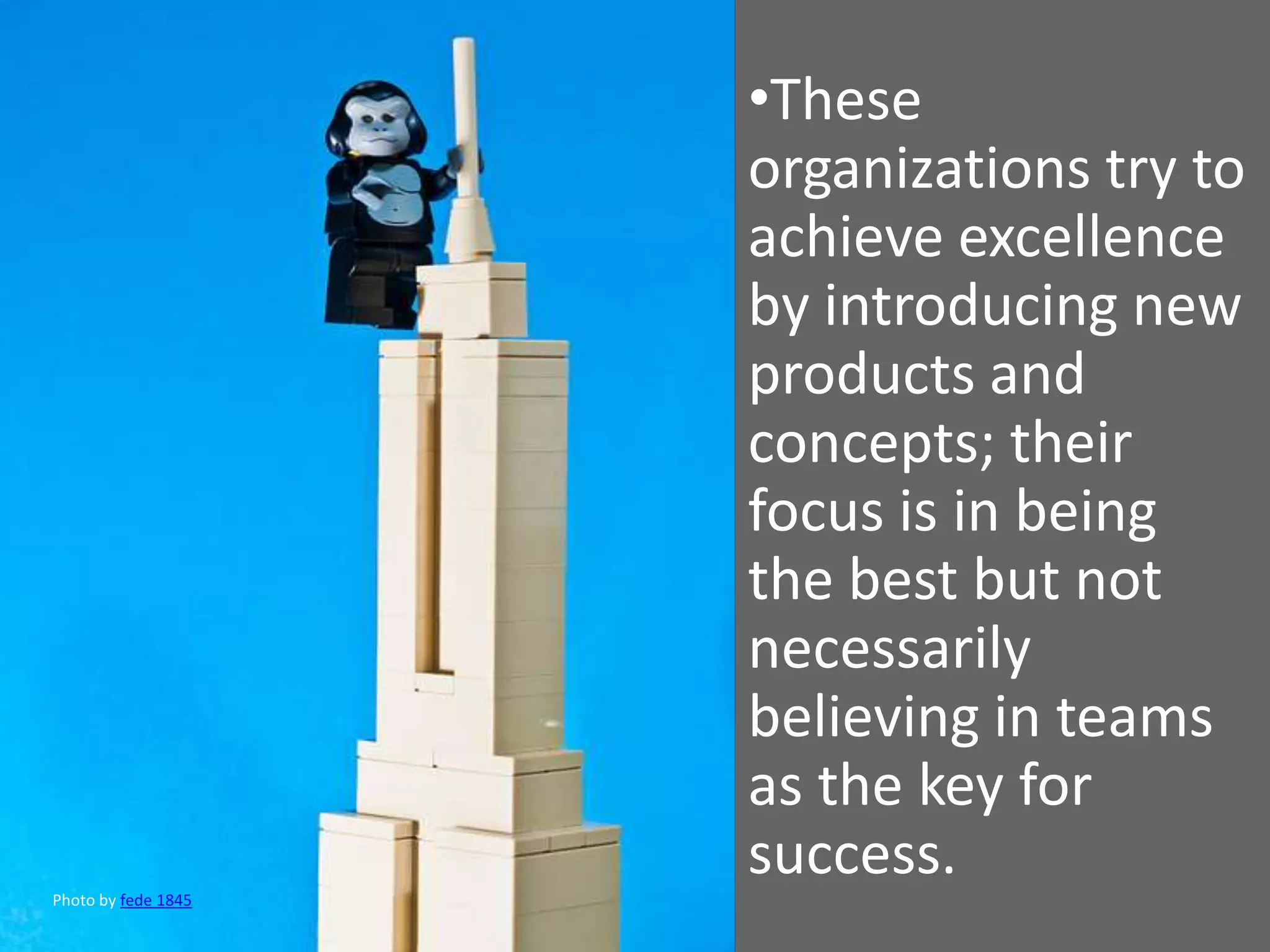 •These
                     organizations try to
                     achieve excellence
                     by introducing new
                     products and
                     concepts; their
                     focus is in being
                     the best but not
                     necessarily
                     believing in teams
                     as the key for
                     success.
Photo by fede 1845
 
