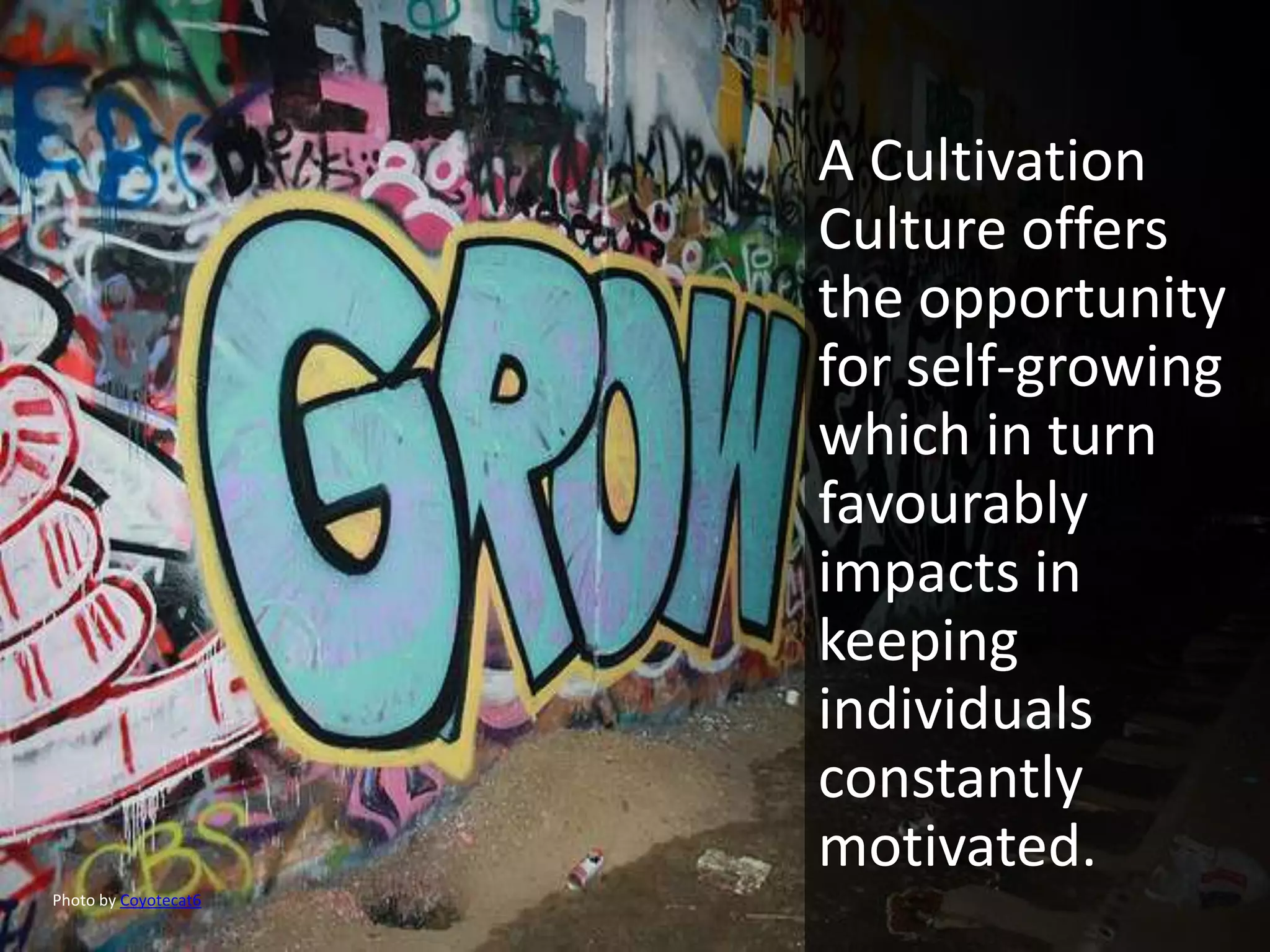 A Cultivation
                      Culture offers
                      the opportunity
                      for self-growing
                      which in turn
                      favourably
                      impacts in
                      keeping
                      individuals
                      constantly
                      motivated.
Photo by Coyotecat6
 