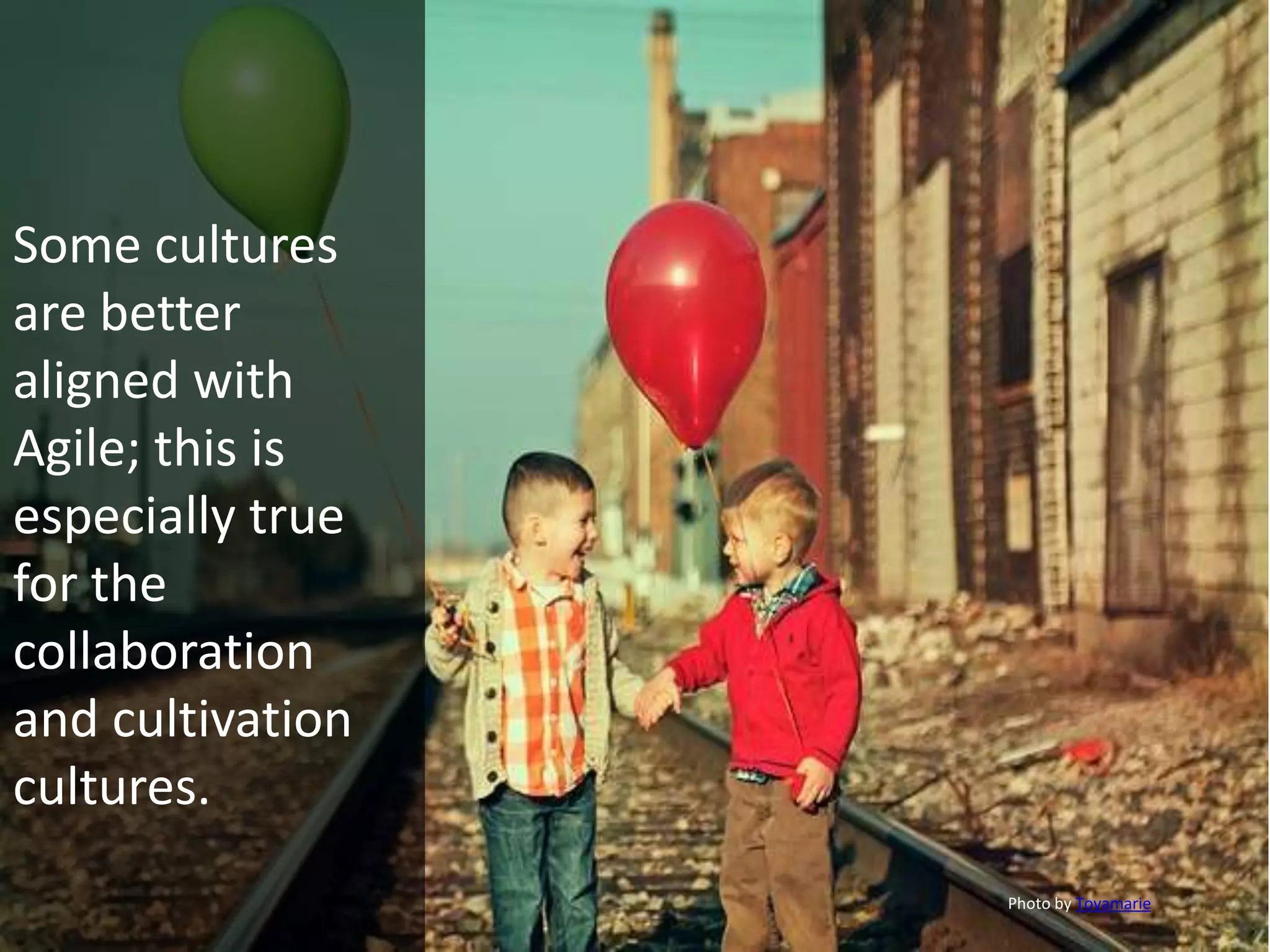 Some cultures
are better
aligned with
Agile; this is
especially true
for the
collaboration
and cultivation
cultures.
                  Photo by Toyamarie
 