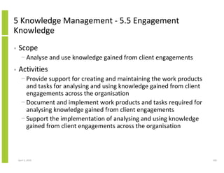 5 Knowledge Management - 5.5 Engagement
Knowledge
•   Scope
      − Analyse and use knowledge gained from client engagements
•   Activities
      − Provide support for creating and maintaining the work products
        and tasks for analysing and using knowledge gained from client
        engagements across the organisation
      − Document and implement work products and tasks required for
        analysing knowledge gained from client engagements
      − Support the implementation of analysing and using knowledge
        gained from client engagements across the organisation



    April 5, 2010                                                        100
 