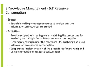 5 Knowledge Management - 5.8 Resource
Consumption
•   Scope
      − Establish and implement procedures to analyse and use
        information on resources consumed
•   Activities
      − Provide support for creating and maintaining the procedures for
        analysing and using information on resource consumption
      − Document and implement the procedures for analysing and using
        information on resource consumption
      − Support the implementation of the procedures for analysing and
        using information on resource consumption



    April 5, 2010                                                         103
 