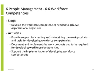 6 People Management - 6.6 Workforce
Competencies
•   Scope
      − Develop the workforce competencies needed to achieve
        organisational objectives
•   Activities
      − Provide support for creating and maintaining the work products
        and tasks for developing workforce competencies
      − Document and implement the work products and tasks required
        for developing workforce competencies
      − Support the implementation of developing workforce
        competencies



    April 5, 2010                                                        110
 