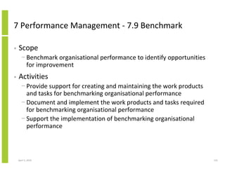 7 Performance Management - 7.9 Benchmark

•   Scope
      − Benchmark organisational performance to identify opportunities
        for improvement
•   Activities
      − Provide support for creating and maintaining the work products
        and tasks for benchmarking organisational performance
      − Document and implement the work products and tasks required
        for benchmarking organisational performance
      − Support the implementation of benchmarking organisational
        performance



    April 5, 2010                                                        125
 