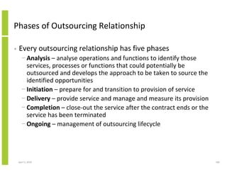 Phases of Outsourcing Relationship

•   Every outsourcing relationship has five phases
      − Analysis – analyse operations and functions to identify those
        services, processes or functions that could potentially be
        outsourced and develops the approach to be taken to source the
        identified opportunities
      − Initiation – prepare for and transition to provision of service
      − Delivery – provide service and manage and measure its provision
      − Completion – close-out the service after the contract ends or the
        service has been terminated
      − Ongoing – management of outsourcing lifecycle




    April 5, 2010                                                           160
 