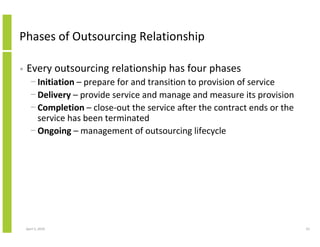Phases of Outsourcing Relationship

•   Every outsourcing relationship has four phases
      − Initiation – prepare for and transition to provision of service
      − Delivery – provide service and manage and measure its provision
      − Completion – close-out the service after the contract ends or the
        service has been terminated
      − Ongoing – management of outsourcing lifecycle




    April 5, 2010                                                           23
 