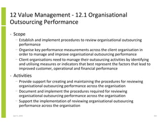 12 Value Management - 12.1 Organisational
Outsourcing Performance
•   Scope
      − Establish and implement procedures to review organisational outsourcing
        performance
      − Organise key performance measurements across the client organisation in
        order to manage and improve organisational outsourcing performance
      − Client organisations need to manage their outsourcing activities by identifying
        and utilising measures or indicators that best represent the factors that lead to
        improved customer, operational and financial performance
•   Activities
      − Provide support for creating and maintaining the procedures for reviewing
        organisational outsourcing performance across the organisation
      − Document and implement the procedures required for reviewing
        organisational outsourcing performance across the organisation
      − Support the implementation of reviewing organisational outsourcing
        performance across the organisation

    April 5, 2010                                                                           263
 
