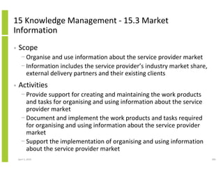 15 Knowledge Management - 15.3 Market
Information
•   Scope
      − Organise and use information about the service provider market
      − Information includes the service provider’s industry market share,
        external delivery partners and their existing clients
•   Activities
      − Provide support for creating and maintaining the work products
        and tasks for organising and using information about the service
        provider market
      − Document and implement the work products and tasks required
        for organising and using information about the service provider
        market
      − Support the implementation of organising and using information
        about the service provider market
    April 5, 2010                                                            285
 
