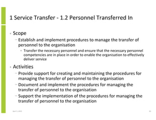 1 Service Transfer - 1.2 Personnel Transferred In

•   Scope
      − Establish and implement procedures to manage the transfer of
        personnel to the organisation
              • Transfer the necessary personnel and ensure that the necessary personnel
                competencies are in place in order to enable the organisation to effectively
                deliver service

•   Activities
      − Provide support for creating and maintaining the procedures for
        managing the transfer of personnel to the organisation
      − Document and implement the procedures for managing the
        transfer of personnel to the organisation
      − Support the implementation of the procedures for managing the
        transfer of personnel to the organisation
    April 5, 2010                                                                              60
 