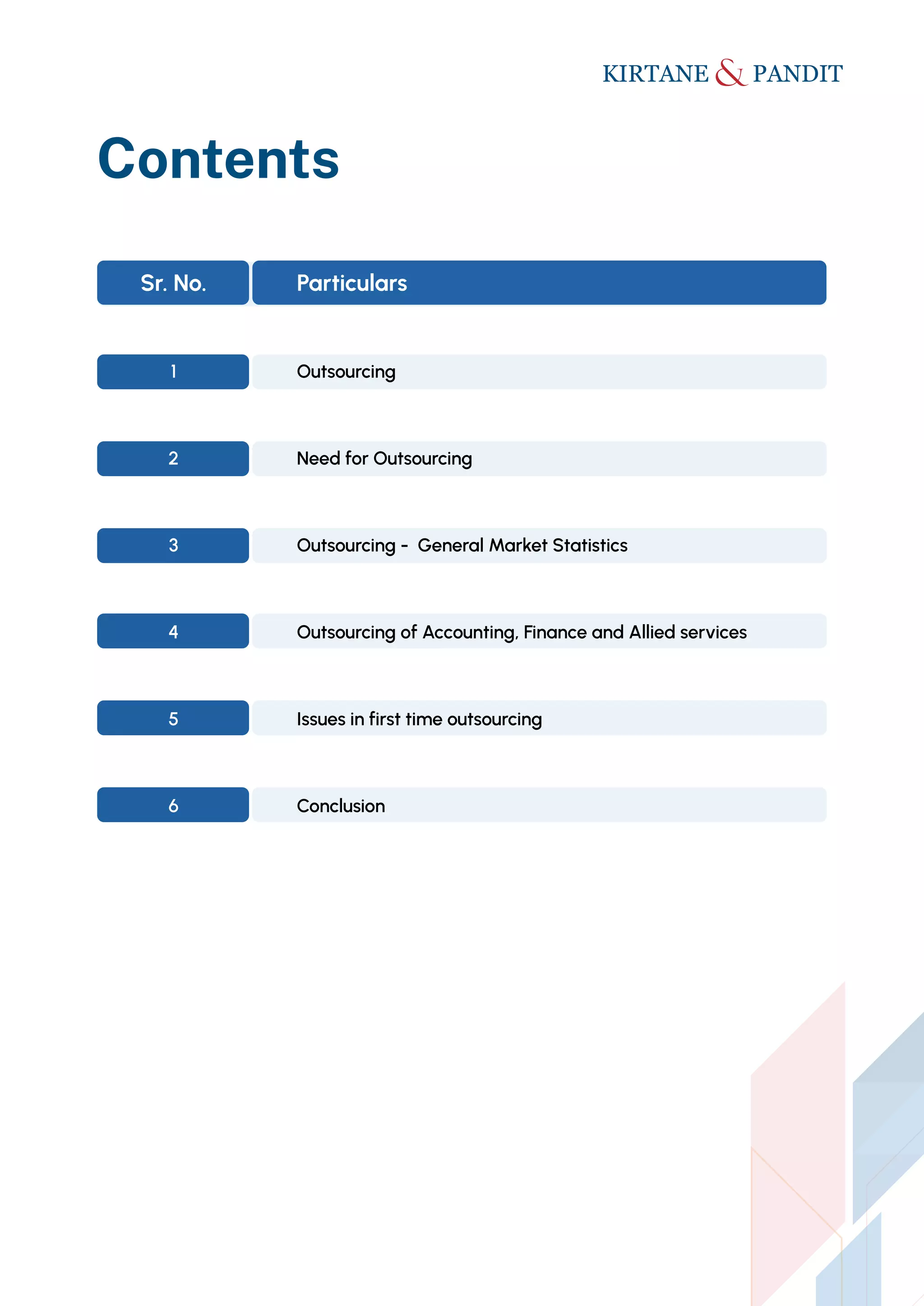 Contents
Sr. No.
1
2
3
4
5
6
Particulars
Outsourcing
Need for Outsourcing
Outsourcing - General Market Statistics
Outsourcing of Accounting, Finance and Allied services
Issues in first time outsourcing
Conclusion
 