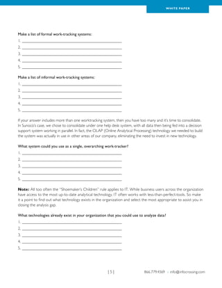 WH ITE PAPER




Make a list of formal work-tracking systems:
1.__________________________________________________
2.__________________________________________________
3.__________________________________________________
4.__________________________________________________
5.__________________________________________________

Make a list of informal work-tracking systems:
1.__________________________________________________
2.__________________________________________________
3.__________________________________________________
4.__________________________________________________
5.__________________________________________________

If your answer includes more than one worktracking system, then you have too many and it’s time to consolidate.
In Sunoco’s case, we chose to consolidate under one help desk system, with all data then being fed into a decision
support system working in parallel. In fact, the OLAP (Online Analytical Processing) technology we needed to build
the system was actually in use in other areas of our company, eliminating the need to invest in new technology.

What system could you use as a single, overarching work-tracker?
1.__________________________________________________
2.__________________________________________________
3.__________________________________________________
4.__________________________________________________
5.__________________________________________________

Note: All too often the “Shoemaker’s Children” rule applies to IT. While business users across the organization
have access to the most up-to-date analytical technology, IT often works with less-than-perfect-tools. So make
it a point to find out what technology exists in the organization and select the most appropriate to assist you in
closing the analysis gap.

What technologies already exist in your organization that you could use to analyze data?
1.__________________________________________________
2.__________________________________________________
3.__________________________________________________
4.__________________________________________________
5.__________________________________________________




                                                       |5|                    866.779.4369 › info@infocrossing.com
 