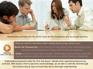 Outsourcing contracts are the corner stone for the foundation of a successful business.
What we need to remember while making Outsourcing contracts are :
Reason for Outsourcing: In the absence of clear, agreed-upon motivations, some
executives will inevitably be unhappy with the final arrangement.
Clarity: Contracts can get quite complex. Developing a clearly written, agreeable
contract between both parties is the key to a successful business relationship.
Organizations frequently make the ‘first time buyer’ mistake when negotiating Outsourcing
contracts. With Source a Tech’s experience and knowledge, we are able to walk the client through
the contract step by step to ensure they have a thorough understanding.
 
