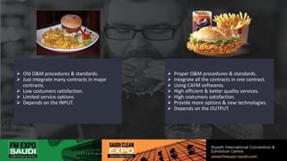  Old O&M procedures & standards.
 Just integrate many contracts in major
contracts.
 Low costumers satisfaction.
 Limited service options.
 Depends on the INPUT.
 Proper O&M procedures & standards.
 Integrate all the contracts in one contract.
 Using CAFM softwares.
 High efficient & better quality services.
 High costumers satisfaction.
 Provide more options & new technologies.
 Depends on the OUTPUT.
 