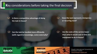 Does the task represent a temporary
or recurring need?
Is there a competitive advantage of doing
the task in-house?
Are the costs of the service lower
than what it would cost in time and
manpower to do in-house?
Can the task be handled more efficiently
(with regard to knowledge, costs) externally?
Key considerations before taking the final decision
 