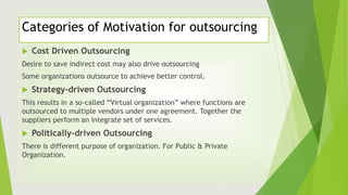 Categories of Motivation for outsourcing
 Cost Driven Outsourcing
Desire to save indirect cost may also drive outsourcing
Some organizations outsource to achieve better control.
 Strategy-driven Outsourcing
This results in a so-called “Virtual organization” where functions are
outsourced to multiple vendors under one agreement. Together the
suppliers perform an integrate set of services.
 Politically-driven Outsourcing
There is different purpose of organization. For Public & Private
Organization.
 