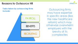 Reasons to Outsource HR
Outsourcing firms
may have expertise
in specific areas (like
the new healthcare
reform) which may
otherwise overwhelm
employers with the
brevity of its
complexities
PAYROLL
BENEFITS
RECRUITING
Tasks taken by outsourcing firms
include:
 