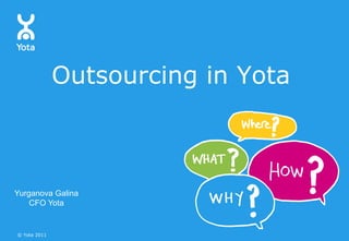 Outsourcing in Yota



Yurganova Galina
    CFO Yota


© Yota 2011
 