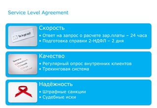 Service Level Agreement


           Скорость
           • Ответ на запрос о расчете зар.платы – 24 часа
           • Подготовка справки 2-НДФЛ – 2 дня


           Качество
           • Регулярный опрос внутренних клиентов
           • Трекинговая система


           Надѐжность
           • Штрафные санкции
           • Судебные иски
 