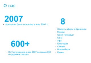 О нас



•
    2007
    Компания была основана в мае 2007 г.                 8
                                                   •   Открыты офисы в 8 регионах:
                                                   •   Москва
                                                   •   Санкт-Петербург
                                                   •   Сочи
                                                   •   Уфа

          600+                                     •
                                                   •
                                                   •
                                                       Краснодар
                                                       Самара
                                                       Новосибирск
    •   От 2 сотрудников в мае 2007 до свыше 600   •   Казань
        сотрудников сегодня
 