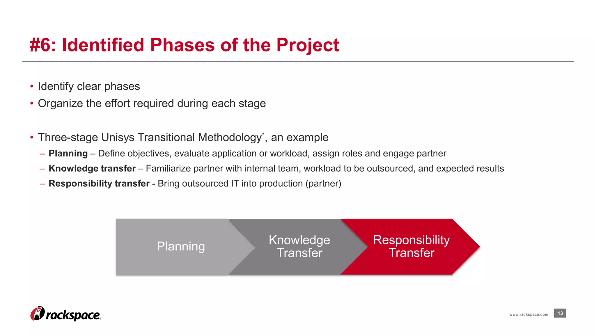 • Identify clear phases 
• Organize the effort required during each stage 
• Three-stage Unisys Transitional Methodology*, an example 
– Planning – Define objectives, evaluate application or workload, assign roles and engage partner 
– Knowledge transfer – Familiarize partner with internal team, workload to be outsourced, and expected results 
– Responsibility transfer - Bring outsourced IT into production (partner) 
13 
#6: Identified Phases of the Project 
www.rackspace.com 
Planning 
Knowledge 
Transfer 
Responsibility 
Transfer 
 