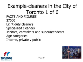 Example-cleaners in the City of
       Toronto 1 of 6
FACTS AND FIGURES
27000
Light duty cleaners
Specialized cleaners
Janitors, caretakers and superintendents
Age categories
Income, private v public




                      Page 27
 