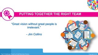 0104
Simple.
Top 5 Challenges Faced by Small Business Owners Copyright 2015
PUTTING TOGETHER THE RIGHT TEAM
“Great vision without great people is
irrelevant.”
- Jim Collins
 