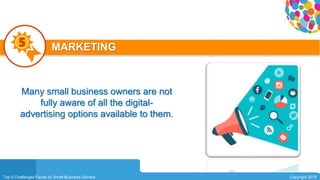 0104
Top 5 Challenges Faced by Small Business Owners Copyright 2015
MARKETING
Many small business owners are not
fully aware of all the digital-
advertising options available to them.
 