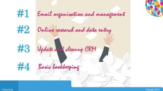 0104
Outsourcing Copyright 2015
#1 Email organisation and management
#2 Online research and data entry
#3 Update and cleanup CRM
#4 Basic bookkeeping
 