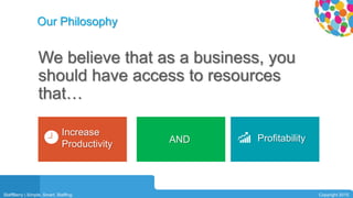 01
We believe that as a business, you
should have access to resources
that…
04Our Philosophy
Increase
Productivity AND Profitability
StaffBerry | Simple. Smart. Staffing. Copyright 2015
 