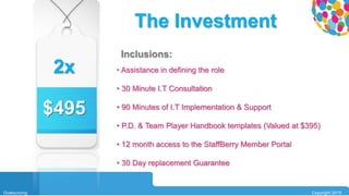0104
Outsourcing Copyright 2015
The Investment
• Assistance in defining the role
• 30 Minute I.T Consultation
• 90 Minutes of I.T Implementation & Support
• P.D. & Team Player Handbook templates (Valued at $395)
• 12 month access to the StaffBerry Member Portal
• 30 Day replacement Guarantee
2x
$495
Inclusions:
 