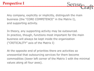Perspective I
Any company, explicitly or implicitly, distinguish the main
business (the “CORE COMPETENCE” in the Matrix I),
and supporting activity.
In theory, any supporting activity may be outsourced.
In practice, though, functions most important for the main
business will always be kept inside the organization
(“CRITICALITY” axis of the Matrix I)
At the opposite end of priorities there are activities so
unessential that outsourcing services for them become
commodities (lower left corner of the Matrix I with the minimal
values along all four axes).
ra tSense fC
 