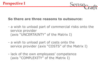 Perspective I
So there are three reasons to outsource:
- a wish to unload part of commercial risks onto the
service provider
(axis “UNCERTAINTY” of the Matrix I)
- a wish to unload part of costs onto the
service provider (axis “COSTS” of the Matrix I)
- lack of the own employees’ competence
(axis “COMPLEXITY” of the Matrix I)
ra tSense fC
 