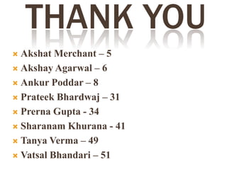 THANK YOU
 Akshat Merchant – 5
 Akshay Agarwal – 6
 Ankur Poddar – 8
 Prateek Bhardwaj – 31
 Prerna Gupta - 34
 Sharanam Khurana - 41
 Tanya Verma – 49
 Vatsal Bhandari – 51
 