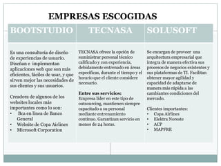 EMPRESAS ESCOGIDAS
BOOTSTUDIO                                TECNASA                          SOLUSOFT

Es una consultoría de diseño         TECNASA ofrece la opción de           Se encargan de proveer una
de experiencias de usuario.          suministrar personal técnico          arquitectura empresarial que
Diseñan e implementan                calificado y con experiencia,         integra de manera efectiva sus
aplicaciones web que son más         debidamente entrenado en áreas        procesos de negocios existentes y
eficientes, fáciles de usar, y que   específicas, durante el tiempo y el   sus plataformas de TI. Facilitan
                                     horario que el cliente considere      obtener mayor agilidad y
sirven mejor las necesidades de
                                     necesario.                            capacidad de adaptarse de
sus clientes y sus usuarios.                                               manera más rápida a las
                                     Entre sus servicios:                  cambiantes condiciones del
Creadora de algunos de los           Empresa líder en este tipo de         mercado.
websites locales más                 outsourcing, mantienen siempre
importantes como lo son:             capacitado a su personal              Clientes importantes:
• Bca en línea de Banco              mediante entrenamiento                • Copa Airlines
   General                           continuo. Garantizan servicio en      • Elektra Noreste
• Website de Copa Airlines           menos de 24 horas.                    • ACP
• Microsoft Corporation                                                    • MAPFRE
 