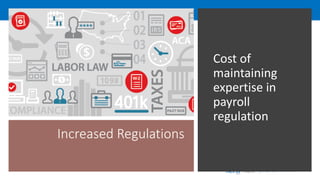 | Employer Solutions
Increased Regulations
Cost of
maintaining
expertise in
payroll
regulation
 