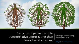| Employer Solutions
Focus the organization onto
transformative efforts rather than
transactional activities.
Advantages of Outsourcing
Payroll to the Cloud
 