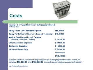 Costs Example 4: 100 User Multi Server, Multi Location Network  In-House Cost   Salary For Sr Level Network Engineer $65,000.00 Salary For Software / Hardware Support Technician $40,000.00 Medical Benefits and Payroll Expense     (assume 1 married 1 single) $ 18,100.00 Office Space and Expenses $ 10,000.00 Continuing Education $  5,000.00 Hardware Repair Parts $ 10,500.00   =========   $148,100.00 Sullivan Data will provide on-sight technician during regular business hours for between  $90,000.00  and  $100,000.00  annually depending on equipment chosen http://www.sullivandata.com   