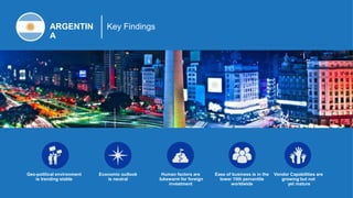 ARGENTIN
A
Key Findings
Geo-political environment
is trending stable
Economic outlook
is neutral
Human factors are
lukewarm for foreign
investment
Ease of business is in the
lower 10th percentile
worldwide
Vendor Capabilities are
growing but not
yet mature
 