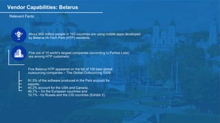 Vendor Capabilities: Belarus
Relevant Facts:
About 900 million people in 193 countries are using mobile apps developed
by Belarus Hi-Tech Park (HTP) residents.
Five out of 10 world’s largest companies (according to Forbes Lists)
are among HTP customers.
Five Belarus HTP appeared on the list of 100 best global
outsourcing companies – The Global Outsourcing 100®
91.5% of the software produced in the Park account for
exports.
40.2% account for the USA and Canada,
46.7% – for the European countries and
10.7% - for Russia and the CIS countries (Exhibit 2).
 