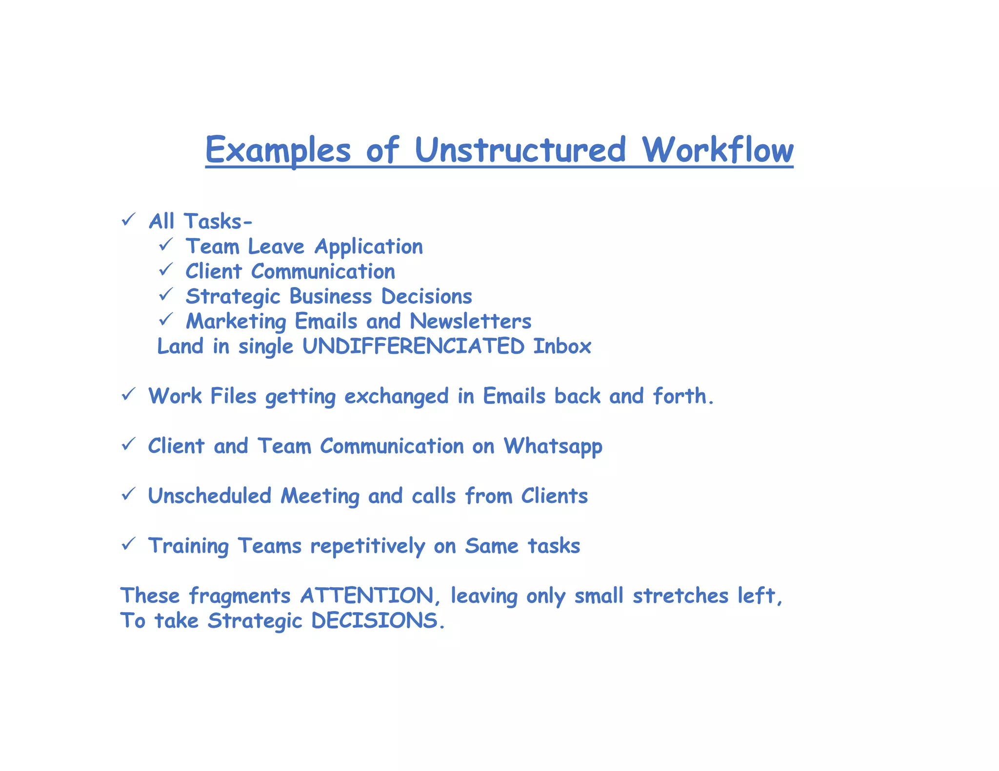 Examples of Unstructured Workflow
 All Tasks-
 Team Leave Application
 Client Communication
 Strategic Business Decisions
 Marketing Emails and Newsletters
Land in single UNDIFFERENCIATED Inbox
 Work Files getting exchanged in Emails back and forth.
 Client and Team Communication on Whatsapp
 Unscheduled Meeting and calls from Clients
 Training Teams repetitively on Same tasks
These fragments ATTENTION, leaving only small stretches left,
To take Strategic DECISIONS.
 