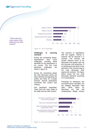Quality of service                                             27%

                                                             Rates f or service                               17%

                                                      Budget during transition                        12%

                                              Legal Conditions and Liability                      10%
   “There were too
   many sales at the                                                 Planning                     10%
   table and too little
                                                                                  0%   5%       10%   15%     20%    25%     30%
   content”

                                             Figure 16 : Top 5 challenges

                                             Challenges            in      sourcing              The outcome of negotiations
                                             contracts                                           with the supplier, internal or
                                                                                                 external, will be secured in a
                                             During the contracting phase,
                                                                                                 contract. The contract will
                                             organisations     face     many
                                                                                                 contain different terms to be
                                             challenges, including those
                                                                                                 discussed and agreed upon by
                                             identified by the participants in
                                                                                                 the insourcer and outsourcer. It
                                             our survey. The five most
                                                                                                 is interesting to see which of the
                                             significant    challenges     are
                                                                                                 elements in the contract lead to
                                             shown in figure 16.
                                                                                                 the most discussion after
                                                                                                 signing the contract. The figure
                                             During the contracting phase
                                                                                                 below shows the four most
                                             the main discussion points are
                                                                                                 discussed elements according
                                             about defining and agreeing the
                                                                                                 to our participants.
                                             quality and rates for in-scope
                                             services. Several participants
                                                                                                 Processes for dissolution and
                                             mentioned that content was
                                                                                                 non-performance penalties are
                                             missing.
                                                                                                 the subjects discussed most
                                             One participant responded:                          often.   Other   topics    for
                                             “there were too many sales at                       discussion   are   rate   and
                                             the table and too little content”.                  compensation details, service



                                                       Process f or dissolution and non-
                                                                                                                           20%
                                                           perf ormance penalties

                                                        Rate and compensation details                                16%

                                                 Service standards and perf ormance
                                                                                                                13%
                                                         requirements (KPIs)
                                                     Key perf ormance indicators (KPIs)
                                                                                                              11%
                                                        to determine compensation

                                                                                           0%    5%     10%    15%     20%     25%




                                             Figure 17 : Four most discussed topic

Capgemini Consulting is the strategy and
transformation consulting brand of Capgemini Group                                          Outsourcing Strategy Survey 2009-2010     27
 