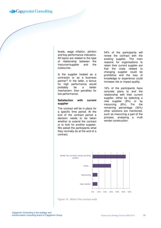 levels, wage inflation, attrition                    54% of the participants will
                                             and key performance indicators.                      renew the contract with the
                                             All topics are related to the type                   existing supplier. The main
                                             of relationship between the                          reasons for organisations to
                                             insourcer/supplier     and     the                   retain their current supplier are
                                             outsourcer.                                          that the costs related to
                                                                                                  changing supplier could be
                                             Is the supplier treated as a                         prohibitive and the loss of
                                             contractor or as a business                          knowledge or experience could
                                             partner? In the latter, a bonus                      increase risk or impact quality.
                                             for high performance would
                                             probably     be     a     better                     16% of the participants have
                                             mechanism, than penalties for                        concrete plans to end the
                                             low performance.                                     relationship with their current
                                                                                                  supplier, either by selecting a
                                             Satisfaction        with       current               new supplier (8%) or by
                                             supplier                                             insourcing (8%). For the
                                             The contract will be in place for                    remaining percentage (30%)
                                             a specific time period. At the                       other solutions are mentioned,
                                             end of the contract period a                         such as insourcing a part of the
                                             decision needs to be taken                           process, analysing a multi
                                             whether to extend the contract                       vendor construction.
                                             or to look for another supplier.
                                             We asked the participants what
                                             they normally do at the end of a
                                             contract.




                                               renew the contract using existing
                                                           vendor


                                                                        other....



                                                                     insourcing



                                                                    new vendor


                                                                                    0%   10%     20%    30%   40%    50%    60%


                                             Figure 18 : What if the contract ends




Capgemini Consulting is the strategy and
transformation consulting brand of Capgemini Group                                             Outsourcing Strategy Survey 2009-2010   28
 