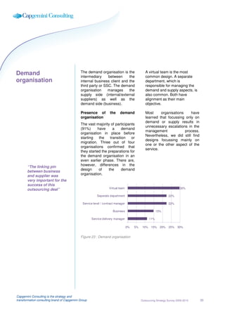 Demand                                       The demand organisation is the                    A virtual team is the most
                                             intermediary     between     the                  common design. A separate
organisation                                 internal business client and the                  department, which is
                                             third party or SSC. The demand                    responsible for managing the
                                             organisation     manages     the                  demand and supply aspects, is
                                             supply side (internal/external                    also common. Both have
                                             suppliers) as well as the                         alignment as their main
                                             demand side (business).                           objective.

                                             Presence of           the     demand              Most     organisations    have
                                             organisation                                      learned that focussing only on
                                                                                               demand or supply results in
                                             The vast majority of participants
                                                                                               unnecessary escalations in the
                                             (91%)      have     a     demand
                                                                                               management             process.
                                             organisation in place before
                                                                                               Nevertheless, we did still find
                                             starting    the   transition   or
                                                                                               designs focussing mainly on
                                             migration. Three out of four
                                                                                               one or the other aspect of the
                                             organisations confirmed that
                                                                                               service.
                                             they started the preparations for
                                             the demand organisation in an
                                             even earlier phase. There are,
                                             however, differences in the
       “The linking pin
                                             design      of   the      demand
       between business
                                             organisation.
       and supplier was
       very important for the
       success of this
                                                                   Virtual team                                           30%
       outsourcing deal”
                                                         Seperate department                                     22%

                                               Service level / contract manager                                  22%

                                                                     Business                            15%

                                                     Service delivery manager                      11%

                                                                                  0%   5%    10%    15%    20%   25%    30%


                                             Figure 23 : Demand organisation




Capgemini Consulting is the strategy and
transformation consulting brand of Capgemini Group                                          Outsourcing Strategy Survey 2009-2010   35
 