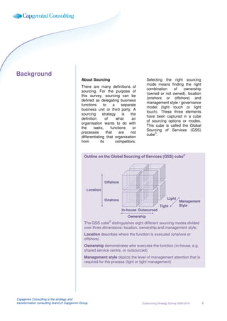 Background
                                             About Sourcing                             Selecting the right sourcing
                                                                                        mode means finding the right
                                             There are many definitions of
                                                                                        combination    of    ownership
                                             sourcing. For the purpose of
                                                                                        (owned or not owned), location
                                             this survey, sourcing can be
                                                                                        (onshore or offshore) and
                                             defined as delegating business
                                                                                        management style / governance
                                             functions       to     a    separate
                                                                                        model (tight touch or light
                                             business unit or third party. A
                                                                                        touch). These three elements
                                             sourcing       strategy      is   the
                                                                                        have been captured in a cube
                                             definition       of      what      an
                                                                                        of sourcing options or modes.
                                             organisation wants to do with
                                                                                        This cube is called the Global
                                             the      tasks,      functions     or
                                                                                        Sourcing of Services (GSS)
                                             processes         that     are    not           ©
                                                                                        cube .
                                             differentiating that organisation
                                             from         its         competitors.


                                                                                                                    ©
                                               Outline on the Global Sourcing of Services (GSS) cube




                                                            Offshore

                                                 Location

                                                            Onshore                                     Light
                                                                                                                 Management
                                                                                                  Tight          Style
                                                                        In-house Outsourced
                                                                            Ownership
                                                               ©
                                               The GSS cube distinguishes eight different sourcing modes divided
                                               over three dimensions: location, ownership and management style.
                                               Location describes where the function is executed (onshore or
                                               offshore)
                                               Ownership demonstrates who executes the function (in-house, e.g.
                                               shared service centre, or outsourced)
                                               Management style depicts the level of management attention that is
                                               required for the process (light or tight management)




Capgemini Consulting is the strategy and
transformation consulting brand of Capgemini Group                                   Outsourcing Strategy Survey 2009-2010    6
 