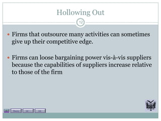 Hollowing Out
                                 12


 Firms that outsource many activities can sometimes
 give up their competitive edge.

 Firms can loose bargaining power vis-à-vis suppliers
 because the capabilities of suppliers increase relative
 to those of the firm




  Theory   Lit +   Lit -
 