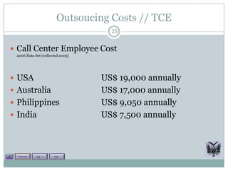 Outsoucing Costs // TCE
                                    23


 Call Center Employee Cost
 2006 Data Set (collected 2005)




 USA                             US$ 19,000 annually
 Australia                       US$ 17,000 annually
 Philippines                     US$ 9,050 annually
 India                           US$ 7,500 annually



  Theory    Lit +     Lit -
 