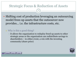 Strategic Focus & Reduction of Assets
                                         5


 Shifting cost of production leveraging an outsourcing
 model frees up assets that the outsourcer now
 provides… i.e. the infrastructure costs, etc.

    Why is this a good thing?
          It allows the organization to redeploy freed up assets to other
           strategic areas or the organization can redistribute savings to
           shareholders – in either event, a win with the investing
           community (share price)




  Theory     Lit +   Lit -
 