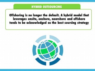 HYBRID OUTSOURCING
Offshoring is no longer the default. A hybrid model that
leverages onsite, onshore, nearshore and offsh...